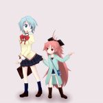  blue_eyes blue_hair blush bow hair_bow hikawa_takashi long_hair mahou_shoujo_madoka_magica miki_sayaka multiple_girls pointing ponytail red_eyes red_hair redhead sakura_kyouko school_uniform short_hair skirt skirt_pull time_paradox very_long_hair young 