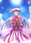  blush bow closed_eyes cloud crescent dress eyes_closed flower hair_bow hat long_hair open_mouth patchouli_knowledge purple_hair ram_hachimin rose sky smile solo sun touhou very_long_hair 