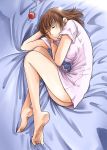  barefoot brown_hair closed_eyes curled_up dress eyes_closed feet female_protagonist_(persona_3) hair_down legs long_legs lying no_panties persona persona_3 persona_3_portable sleeping smile solo t0kiwa thighs 