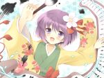  1girl :d blush brush bust calligraphy_brush floral_print flower hair_flower hair_ornament hieda_no_akyuu japanese_clothes kimono komi_zumiko open_mouth outstretched_arms paintbrush purple_eyes purple_hair scroll short_hair smile solo spread_arms touhou violet_eyes 