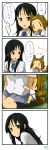  4koma akiyama_mio animal_ears black_hair blush brown_hair chibi comic dog_ears dog_tail hairband highres hug k-on! kemonomimi_mode multiple_girls open_mouth school_uniform skirt suan_ringo tail tainaka_ritsu tears translated translation_request |_| 