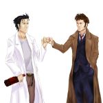  arantheus bottle coat crossover doctor_who dr_pepper fist_bump formal highres labcoat male multiple_boys necktie okabe_rintarou steins;gate suit tenth_doctor the_doctor 