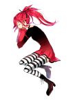  boots closed_eyes cul dress eyes_closed hands_on_headphones headphones highres long_hair ponytail red_hair redhead simple_background solo striped striped_legwear striped_thighhighs thigh-highs thighhighs vient vocaloid vy1 vy1_(cosplay) 