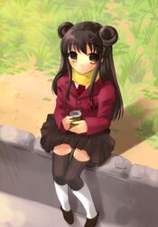  blazer blush brown_eyes can character_request copyright_request from_above highres itou_noiji long_hair long_sleeves sitting skirt solo thigh-highs thighhighs yellow_eyes 