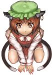  :3 animal_ears arugeri bow brown_eyes brown_hair cat_ears cat_tail chen earrings face fingernails from_above hat jewelry long_fingernails looking_at_viewer multiple_tails nail_polish sharp_nails short_hair simple_background smile solo squatting tail touhou 