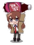  black_legwear blue_eyes blush brown_hair carrying carrying_overhead chibi dr_pepper heavy highres jacket legwear_under_shorts lifting long_hair makise_kurisu minigirl necktie netachou open_mouth pantyhose shorts simple_background solo steins;gate tears trembling 