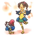  1girl bare_shoulders bird black_hair blush_stickers bow chatot closed_eyes cosplay dress female hair hair_bow hitec human moemon musical_note open_mouth personification pinky_out pokemon pokemon_(creature) pokemon_(game) pokemon_dppt ponytail singing smile tail thigh-highs thighhighs wings zettai_ryouiki 