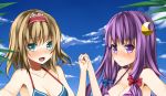  alice_margatroid bikini_top blonde_hair blue_eyes blush bow breasts bust cleavage crescent crescent_moon face hair_bow hairband hand_holding hands_clasped holding_hands interlocked_fingers moon multiple_girls nail_polish patchouli_knowledge purple_eyes purple_hair swimsuit touhou unasaka_ryou violet_eyes yuri 