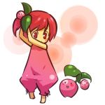  1girl barefoot blush_stickers cherubi child closed_eyes cosplay female hair hitec human moemon open_mouth personification pink_eyes pink_hair pokemon pokemon_(creature) pokemon_(game) pokemon_dppt red_eyes red_hair short_hair side_ponytail simple_background sleeveless smile 
