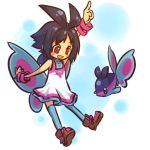  1girl antennae_hair arm_raised arm_up atnennae_hair bare_shoulders black_hair blush_stickers boots bracelet cosplay crossover dress female finneon hair hitec human jewelry moemon open_mouth personification pink_eyes pointing pokemon pokemon_(creature) pokemon_(game) pokemon_dppt purple_eyes raised_arm sleeveless smile thigh-highs thighhighs zettai_ryouiki 