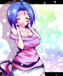  ahoge bare_shoulders blue_hair breasts cleavage closed_eyes eyes_closed flower highres idolmaster idolmaster_2 large_breasts miura_azusa natsu_(anta_tte_hitoha) open_mouth short_hair smile solo 