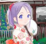  fan higebu inazuma_eleven inazuma_eleven_(series) japanese_clothes kudou_fuyuka ponytail purple_hair smile 