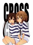  black_hair brown_eyes brown_hair hirasawa_yui k-on! long_hair meno multiple_girls nakano_azusa shirt short_hair striped striped_shirt twintails 