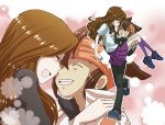  1girl adult blush brown_eyes brown_hair carrying closed_eyes couple crossover dual_persona endou_mamoru eyes_closed gakuran inazuma_eleven inazuma_eleven_(series) inazuma_eleven_go long_hair open_mouth princess_carry puti raimon_natsumi school_uniform short_hair skirt young 