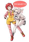  ? aosode blue_eyes blush breasts colonel_sanders english formal genderswap glasses hand_on_hip kfc kfc_(company) leg_up mcdonald&#039;s mcdonald's multiple_girls open_mouth pantyhose red_hair redhead ronald_mcdonald simple_background speech_bubble string_tie striped striped_legwear suit sweatdrop v white_hair wink 