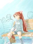  bench dareruraito fang highres mahou_shoujo_madoka_magica ponytail red_hair redhead sakura_kyouko sitting 