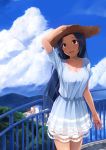  :d absurdres belt blue_hair blush breasts building cleavage cloud dress hand_on_hat hat highres idolmaster jewelry long_hair miura_azusa mountain necklace open_mouth pink_eyes red_eyes sky smile solo straw_hat sun_hat sundress white_dress yuki_usagi_(mofurafu) 