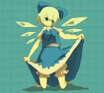  aosaki barefoot bloomers blue_eyes blue_hair bow cirno hair_bow kneeling short_hair skirt skirt_hold solo touhou wings 