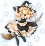  blonde_hair blush body_blush bow braid broom frills gathers gloves halftone halftone_background hand_on_hat hat holding holding_hat kirisame_marisa michii_yuuki ribbon ruffles single_braid skirt smile socks solo star starry_background striped striped_legwear touhou witch witch_hat yellow_eyes 