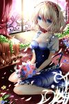  alice_margatroid bad_id blonde_hair blue_dress blue_eyes blue_rose bouquet breasts choker cleavage dress flower flower_necklace hairband nanase_nao red_rose rose sitting solo touhou wariza window 