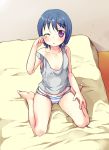  ;o bare_legs barefoot bed blue_hair blush collarbone flat_chest kamisama_dolls kuga_utao no_bra off_shoulder panties pizanuko purple_eyes rubbing_eyes shirt_slip short_hair sitting sleepy solo striped striped_panties underwear violet_eyes wariza wink 