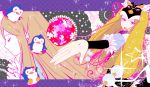  animal_hat apple bandaid bird bow brown_hair closed_eyes dual_persona elbow_gloves eyes_closed food fruit gloves hat highres long_hair mawaru_penguindrum open_mouth outstretched_hand penguin penguin_1-gou penguin_2-gou penguin_3-gou pink_eyes princess_of_the_crystal sparkle star takakura_himari 