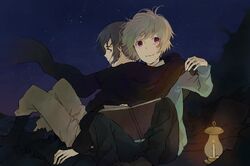  blue_hair book hami_(lvct) jacket lamp male multiple_boys nezumi_(no.6) night no.6 red_eyes scarf shion_(no.6) short_hair sion_(no.6) sitting smile white_hair 