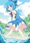  2girls barefoot blue_eyes blue_hair blush bow cirno dress hair_bow ice ice_wings multiple_girls pop_(lovelikepop) short_hair solo touhou water wings 