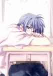  blue_eyes blue_hair clannad desk ikuhashi_muiko male okazaki_tomoya school_uniform smile solo 