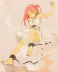  ankle_cuffs arm_up bad_id barefoot broken_chains chain chains cuffs dress feet fist gold jewelry lowres magi_the_labyrinth_of_magic morgiana necklace oomori_(atu-oomori11) red_hair redhead shackle shackles simple_background solo traditional_media white_dress 