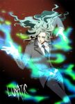  blue_fire blue_flame fire floating_hair formal green_flame grey_eyes grey_hair hair_ornament hairclip long_hair male necktie pale_skin romeothedope silver_hair solo suit tiger_&amp;_bunny yuri_petrov 