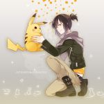  1boy crossover holding jacket mouse nezumi_(no.6) no.6 pikachu pokemon pokemon_(creature) ponytail scarf short_hair smile tian_daoling 