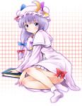  blue_eyes blue_hair blush body_blush book bow crescent crescent_moon footwear hair_bow hat long_hair michii_yuuki moon panties patchouli_knowledge sitting socks solo touhou underwear 