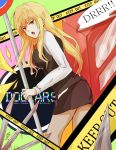  blonde_hair caution_tape durarara!! genderswap heiwajima_shizuo long_hair niwa_(19950319) pantyhose road_sign sign skirt yellow_eyes 