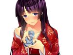  black_hair collarbone japanese_clothes kimono long_hair nail_polish off_shoulder original purple_eyes sake smile solo violet_eyes zpolice 