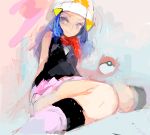  blue_eyes blue_hair drawr hat hikari_(pokemon) holding holding_poke_ball oekaki poke_ball pokemon sitting smile solo speed_painting 