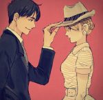  black_hair blonde_hair earrings fedora formal fullmetal_alchemist hat jaiguru-eyeball jewelry necktie riza_hawkeye roy_mustang short_hair smile suit tagme 