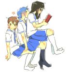  aioi_yuuko black_hair blue_hair book brown_hair glasses human_chair human_furniture minakami_mai multiple_girls naganohara_mio necktie nichijou school_uniform short_twintails simple_background sitting sitting_on_person tamagogogo twintails white_background 