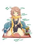  between_thighs blush bottle brown_hair chopsticks cup_ramen futon green_eyes original ramen scarf sitting solo thighs translated translation_request v_arms wariza water_bottle zpolice 