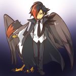  1boy cape coat cosplay formal grey_hair hair hands_in_pockets hitec human long_hair male moemon multicolored_hair necktie pants personification pokemon pokemon_(creature) pokemon_(game) pokemon_dppt red_eyes red_hair redhead shirt staraptor two-tone_hair wings 