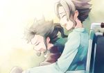  blue_hair brothers closed_eyes eyes_closed inazuma_eleven inazuma_eleven_(series) inazuma_eleven_go laughing maico_(a218) male mole multiple_boys short_hair siblings sitting tsurugi_kyousuke tsurugi_yuuichi wheelchair 