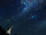  black_hair comet from_behind glint lamp marble night night_sky original outstretched_arm scenery school_uniform sky solo star_(sky) starry_sky tree 