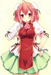  :o bandage bandages bun_cover chain chinese_clothes cuffs double_bun flower hand_on_hip highres ibara_kasen ibaraki_kasen index_finger_raised kaneru pink_hair raised_finger red_eyes rose short_hair skirt solo touhou 