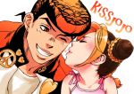  1boy 1girl blonde_hair braid brown_eyes brown_hair cheek_kiss child double_bun gakuran higashikata_jousuke jojo_no_kimyou_na_bouken kiss kuujou_jolyne multicolored_hair no28 orange_hair pompadour school_uniform two-tone_hair young 