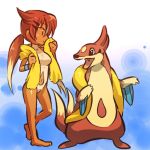  1girl barefoot breasts brown_hair cosplay dark_skin fang female floatzel hair hair_ornament hairclip hitec human long_hair moemon multicolored_hair navel navel_cutout one-piece_swimsuit open_mouth personification pokemon pokemon_(creature) pokemon_(game) pokemon_dppt ponytail red_hair redhead smile swimsuit tail towel two-tone_hair wristband 