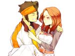  1girl 4tew bad_id brown_eyes brown_hair carrying closed_eyes couple dress endou_mamoru eyes_closed grin headband husband_and_wife inazuma_eleven inazuma_eleven_(series) inazuma_eleven_go jacket princess_carry raimon_natsumi red_eyes smile 