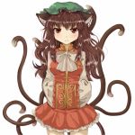  adapted_costume adult alternate_hair_length alternate_hairstyle blush bow breasts brown_hair cat_tail chen chinese_clothes fangs hands_in_sleeves hasetomo hat jewelry long_hair multiple_tails red_eyes simple_background single_earring slit_pupils solo tail touhou 