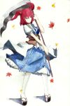  absurdres black_eyes breasts bust clog_sandals hair_bobbles hair_ornament highres japanese_clothes leaf maple_leaf moudoko onozuka_komachi red_hair redhead scythe shoes short_hair solo standing tabi touhou traditional_media twintails watercolor_(medium) white_legwear 