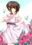  bad_id brown_eyes brown_hair butterfly choker dress flower frills hair_ornament hairpin leaf mitsuko_(likiliki) pink_dress reala red_rose rose short_hair smile solo tales_of_(series) tales_of_destiny_2 