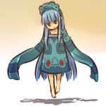  1girl barefoot blue_hair bronzong cosplay female floating hair headdress hitec human long_hair moemon open_mouth personification pokemon pokemon_(game) pokemon_dppt red_eyes shadow sleeves_past_wrists solo very_long_hair 
